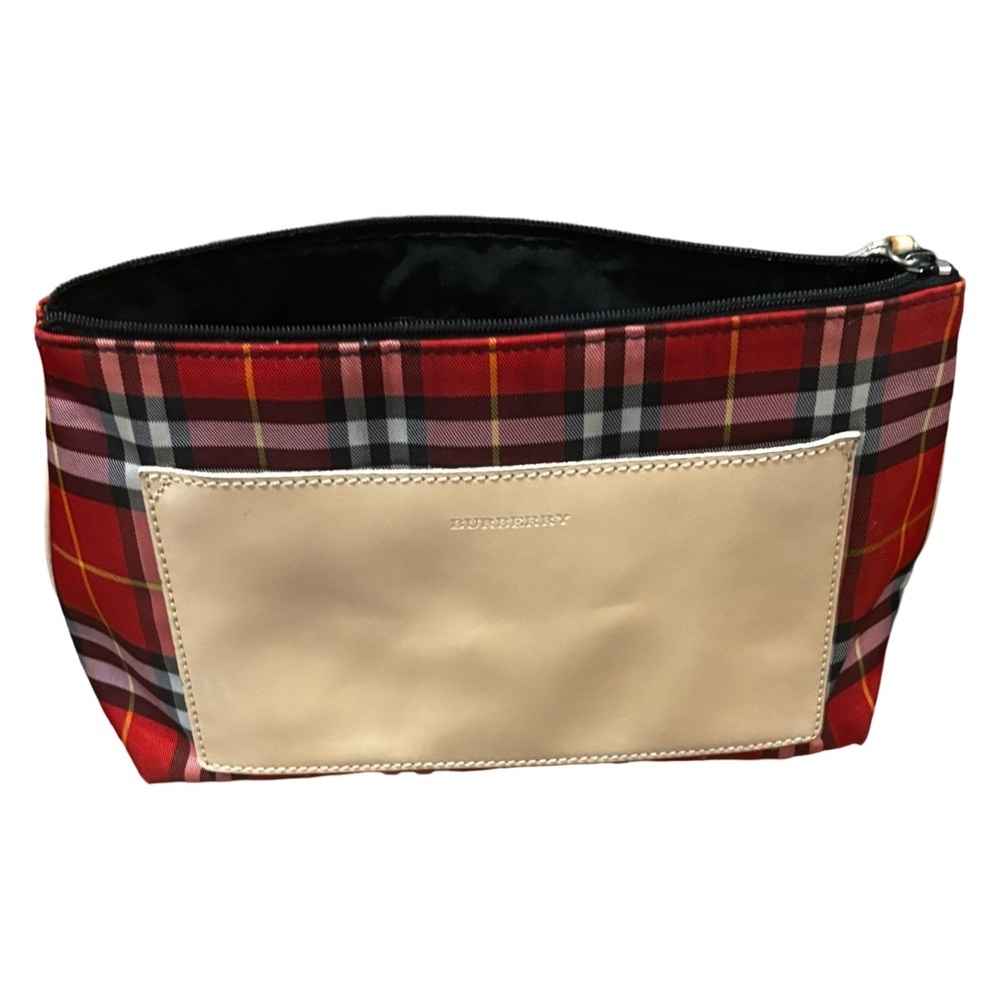 Burberry Red Plaid Cosmetic Pouch with Cream Leather Patch
